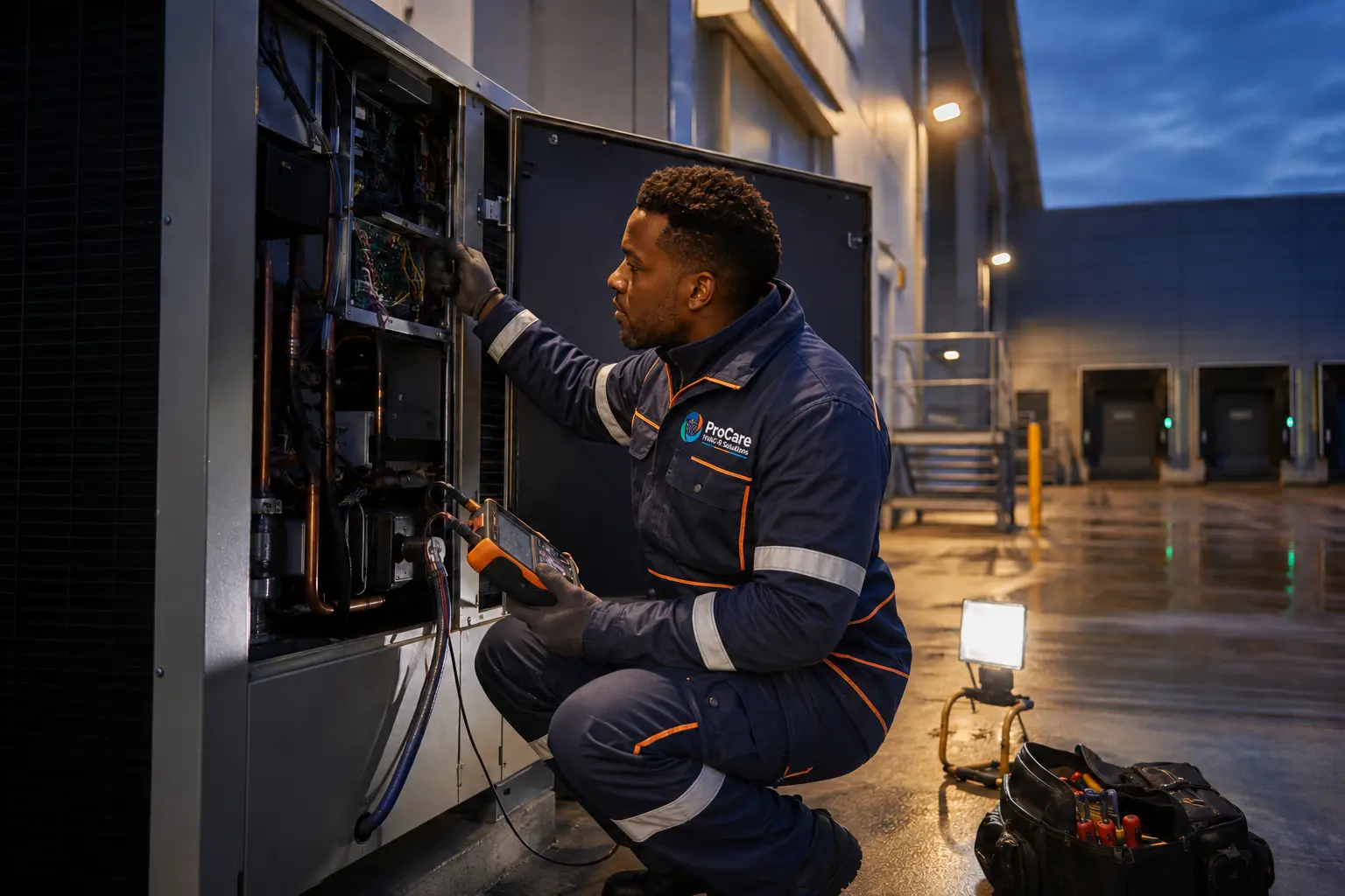 ProCare technician in branded uniform diagnosing HVAC equipment after hours