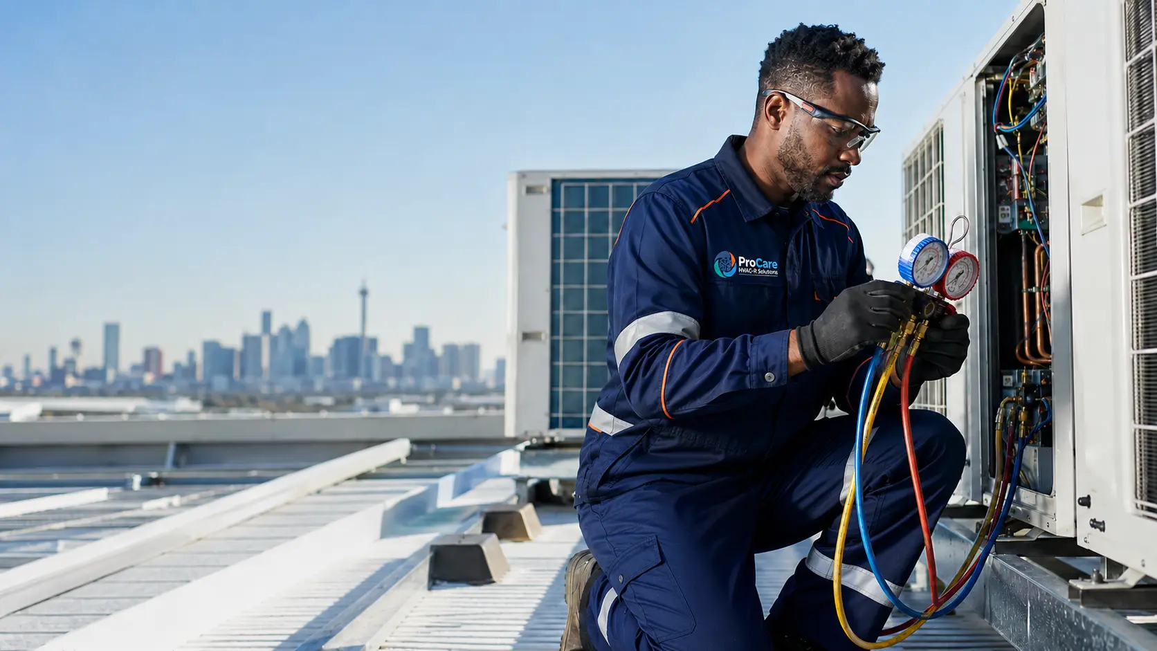 ProCare HVAC-R technician in branded uniform servicing a rooftop air-conditioning system